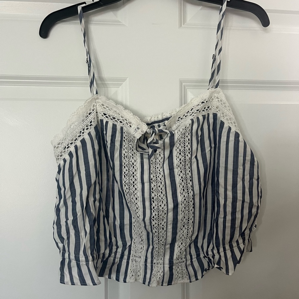 Aeropostale Denim Striped Top with crochet/eyelet details